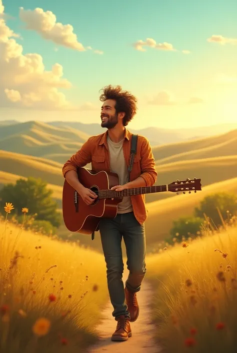 Happy musician with his guitar walking towards the horizon 



