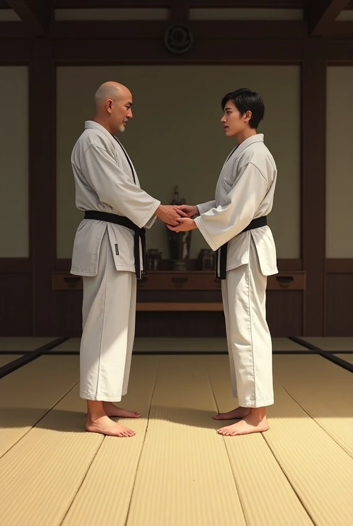 Judo sensei and  student greeting each other Sensei ni Rei on the mat