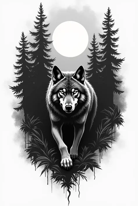 Create a simple tattoo of wolf, forest background, black and white, art on paper, 