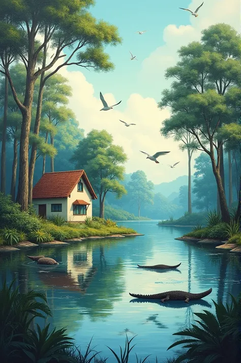  A painting with a picture or drawing of a house on the edge of a lake,  containing seagulls and various birds , In addition to alligators and jaguars  