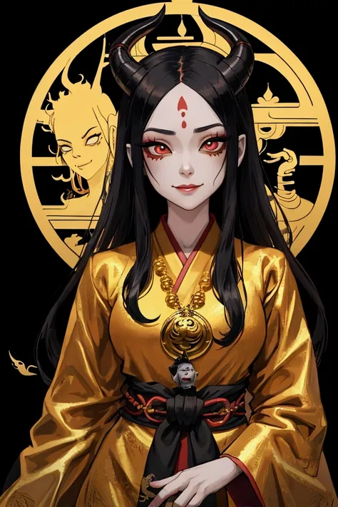 Dragoness, human, humanoid form, female, 20 year olds, long hair, golden pupils, black hair, undead, Undead vibes, necro, Necromancer, strings attach to the body, wear thai traditional costume, thai, golden theme, black background, depressing, despair, gol...