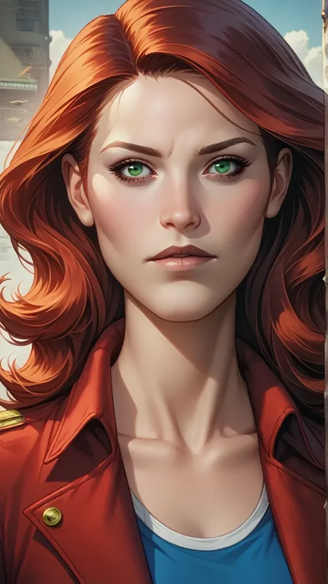 futuristic anime female girl with red hair and blue clothing, a close up of a woman with red hair and green eyes, steven artgerm...