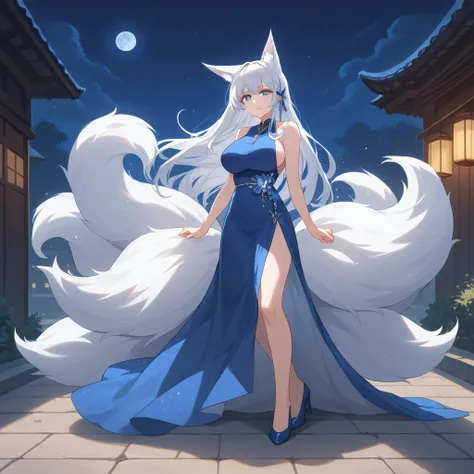 A woman wearing a weak blue dress, seen sleeveless, large breasts, standing up, necklace with half moon, blue heels, silver hair, long hair, kitsune ears, kitsune tail, multi-tail, blue eyes, blue details, perfect eyes, face perfect, perfect lips, on a con...