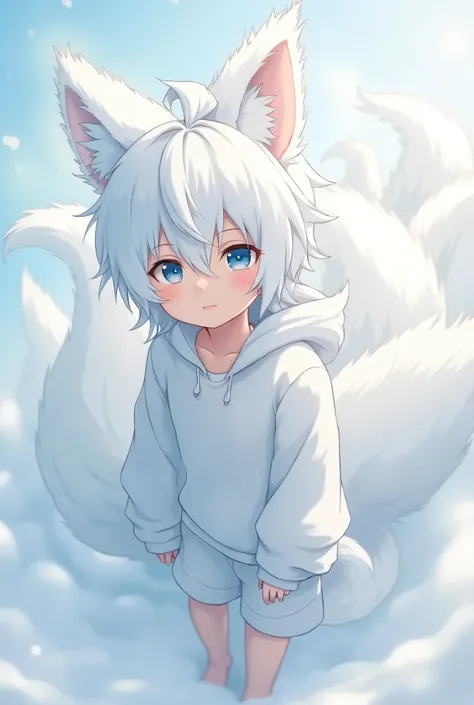 Young handsome anime boy, white hair, kitsune boy, fox ears on his head, blue eyes, white fur, nine tails behind the lower back, full body drawing, high quality, 8k resolution,
3/4 view