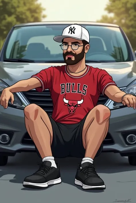 Funko mens  ,clear lenses ,bearded , slim body ,  white Yankee cap  ,  Chicago Bull red t-shirt , black shorts  , black tennis shoes , Reclining of feet   ,  gray 2015 Nissan Sentra B15 car.