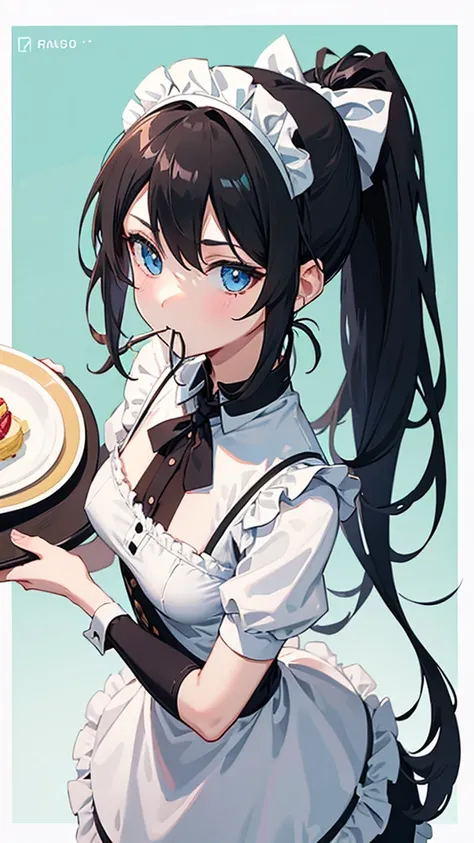 " Anime Girls , 1 person, Black Hair,  ponytail,  ponytail,  holding a serving tray in the mouth, Light blue eyes, Pop , Maid, Maid , blanking ,  Alone, Front View, (Full HD 4K+ image )"