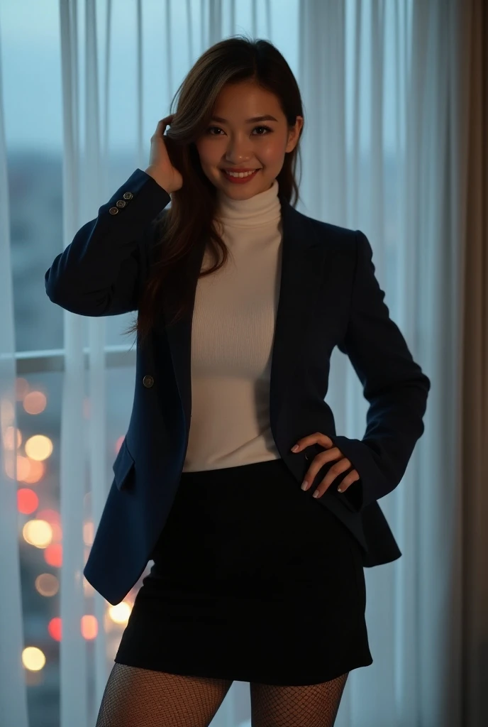 High-quality Realistic of thai woman, Beautiful girl (((large breast , big breast , nsfw))) , Best Quality, 40 years old With wrinkles due to age thai girl  dressed in a White turtleneck and navy blazer , Wear a very short black skirt and black fishnet sto...