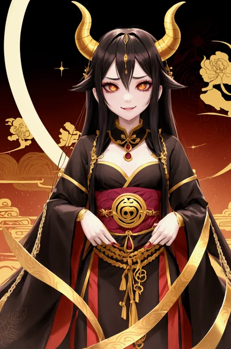 Dragoness, human, humanoid form, transgender male to female, flat chest, 24 year olds, long hair, golden pupils, black hair, undead, Undead vibes, necro, Necromancer, strings attach to the body, wear thai traditional costume, thai, golden theme, black back...