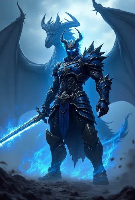 A blue and black armored Soldier with a long sword 
Helmet with Horns, with blue fire surrounding And a dragon behind
