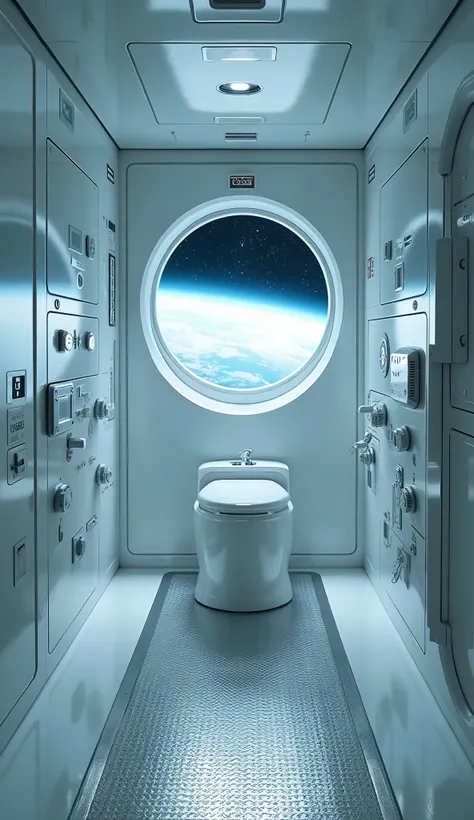 live-action、Real、 a slightly narrow toilet like a cockpit、There is a large window on the wall and outer space、 electronic devices and switches lined up 、 the equipment emits blue light 、 silver and streamlined design、The floor is an iron plate 、 white room...