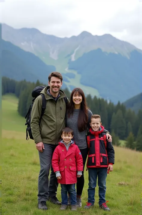 Me as an asian girl with my husband and my three ren in a hill track trip in Switzerland 

