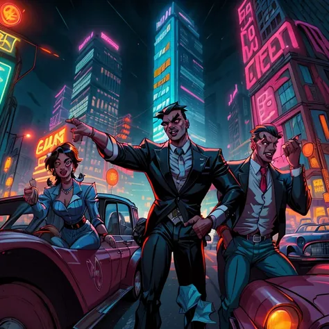 Depict a group of three male gangsters joyfully throwing money in the air while driving a classic car in a vibrant color. The scene is set in downtown, with tall buildings and bright neon lights illuminating the night, creating an atmosphere of excitement ...