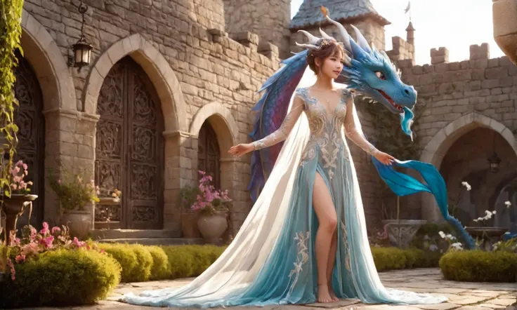 A cute yuna (sheer gown, intricate embroidery, no underwear), training a playful baby dragon. Joyous scene, magical, high fantasy, in the castle courtyard garden