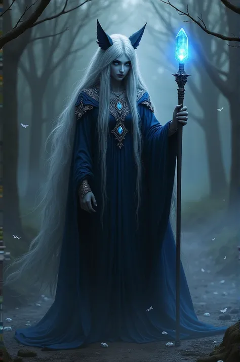 Nyx has a silver coat with dark blue tones., reflecting its connection with sadness and melancholy. your eyes are a deep blue, always with a distant and melancholic expression. She wears a long, dark robe, with silver details, that crawls on the ground, an...