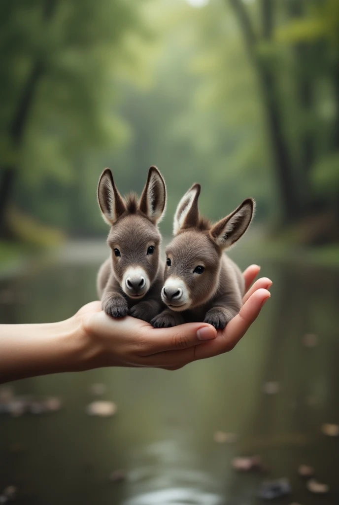 A close up of 2 small donkeys being gently held by a human hand. He is very small, e fofo. The background is blurred with a forest and a pond behind it.