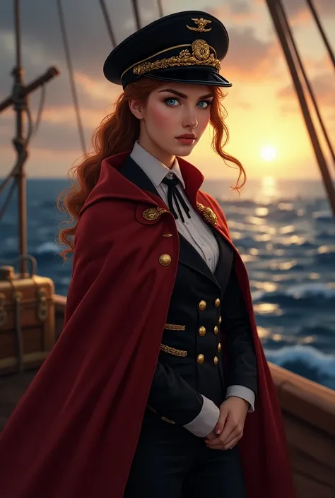 (A small chest:1.2),(masterpiece, best quality:1.2),(beautiful,  perfect, Delicate, intricate:1.1),1 girl,adult woman,bright blue eyes, hairstyle half tied half loose copper ,Alone, upper body ,looking down,detalheed background, ship captain ,Serious, dark...