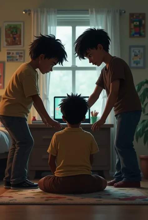 A black boy sitting playing Minecraft in his room while two boys, one tall and fat and the other tall and skinny, touch his thighs