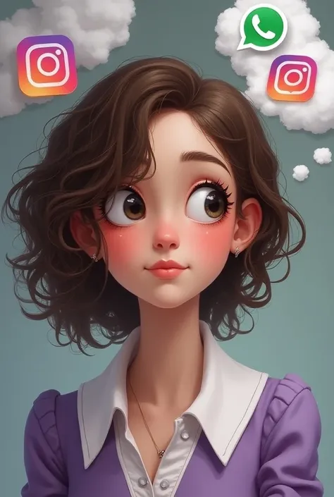  I want a picture of a girl with curly and full hair in brown and dressed in a purple and white blouse.
 E uma nuvenzinha de pensamento 💭 do lado da  cabeça com o símbolo do Instagram e whatsapp.