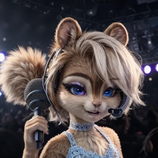 Brittany_Miller, One, chipmunk, fluffy, , feminine,young , fur trim , 3d Model,slim body,   sexy body ,  eyeliner ,  Painted eyes ,   expressive first-person eyelashes ,light erotica, Model, concert, with a headset and a mini microphone on the body ,    sm...