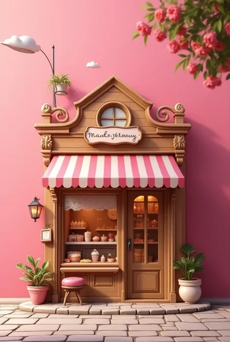 An image on a pastry shop and the pink background