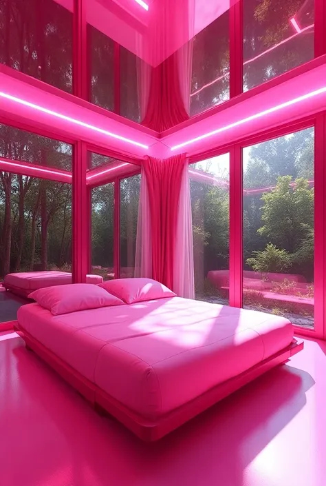 Neon pink room, square bed in the middle , ceiling mirror ,  pole dance bar in the corner, 3 glass walls, with trees in the background