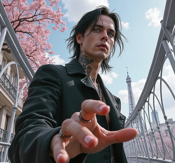 ((A 30-year-old man, tattooed, black hair, wearing gothic clothing , with blue eyes,  similar to Andy Black from the band  )),(()) posing as a model, (()). (( Full body walk on a bridge in Paris)).