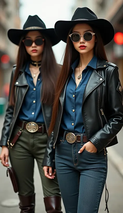 4k ultra hd,   best quality,  Chinese girls look good   , sunglasses,   Lip detail  , Long hair, Straight hair, wearing cowboy outfit, leather outfit, Cowboy hat,   blue shirts, military pants, combat shoes, military backpacks, Blurred image,   Relaxed Atm...