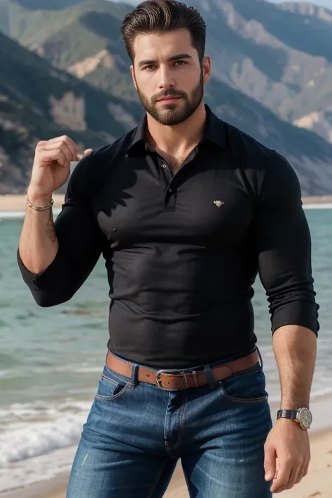 Michele Vittorio macho handsome, bearded and muscular man, very handsome and manly, intricate, elegant, sharp focus, photo by greg rutkowski, Soft lighting, vibrant colors, masterpiece, en la playa, sexy Whole body, black wet jeans,big bulge, sexy hot, pie...