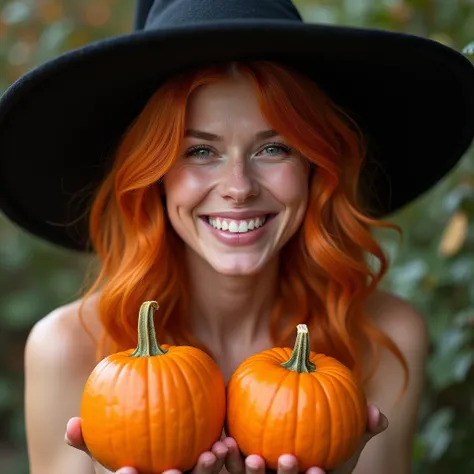  Hyperrealistic 8k photo.  Smiling young woman with orange hair and completely naked witchs hat, face of Gwyneth Paltrow Young  , holds a pumpkin in each hand at chest level