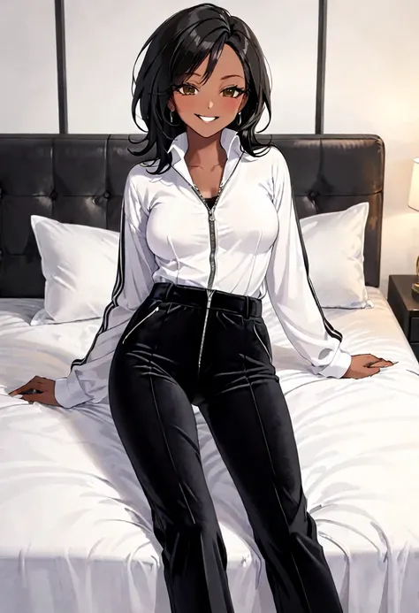 70-year-old Woman Dark skin Black straight hair Black velvet pants with a zipper on crotch White shirt On a bed Smirk