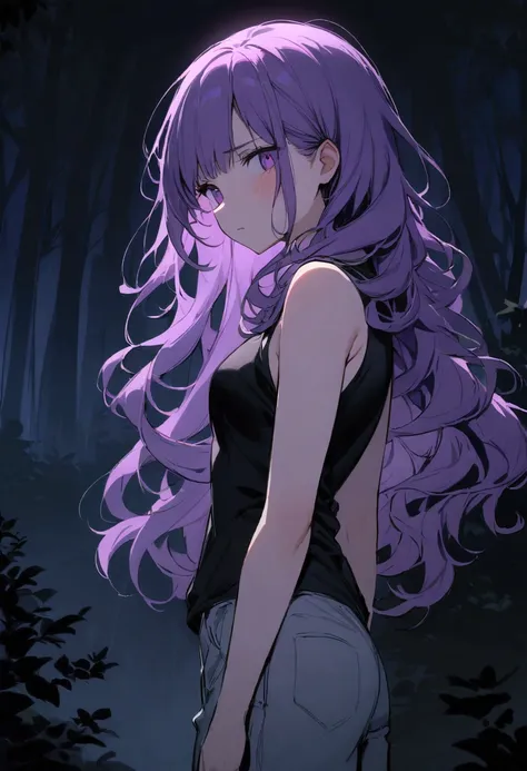 masterpiece, high quality, upright, A girl, Solitary, Purple hair, Very long hair, Wavy hair, Side bangs, Broken hair, forest background, night time, Slightly tilt your head, sleeveless top, short pants, sad expression, looking away from viewer, standing i...