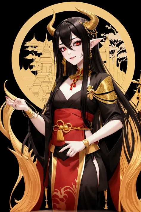 Dragoness, human, humanoid form, transgender male to female, flat chest, 24 year olds, long hair, golden pupils, black hair, undead, Undead vibes, necro, Necromancer, strings attach to the body, wear thai traditional costume, thai, golden theme, black back...