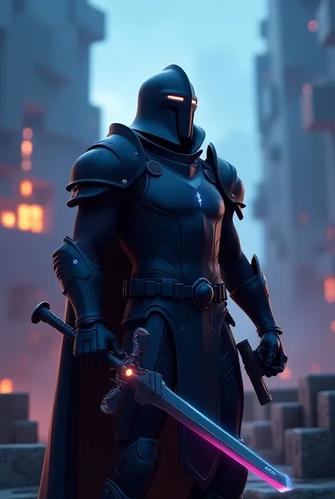 Der Black knight skin (From Fortnite ,  he should look in the air )  in the middle of a controller in one hand and a gaming keyboard with RGB in the background is Fortnite Relode and Minecraft  (fortnite graphics) (The controller and the keyboard should be...