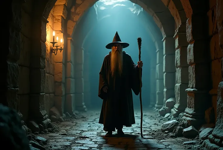 Theres an old wizard walking through the dungeons of an old castle