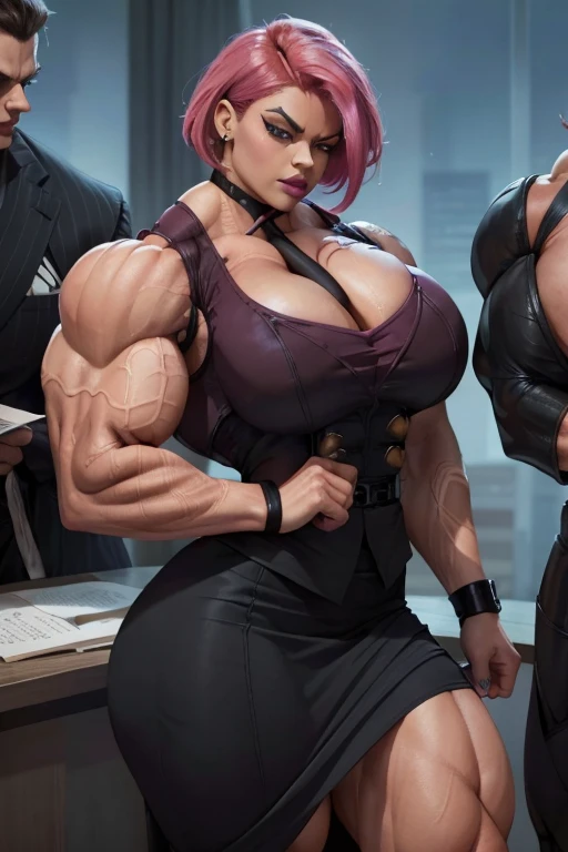 ((Close-up)), tall, (shocking pink hair) beautiful muscular woman, angled bob hair, brown skinned, closed smile, large breast, (black lipstick), (massive muscles), (hyper muscle), (ginormous bulky muscles), red eyes, (((((sleeveless triple breasted busines...