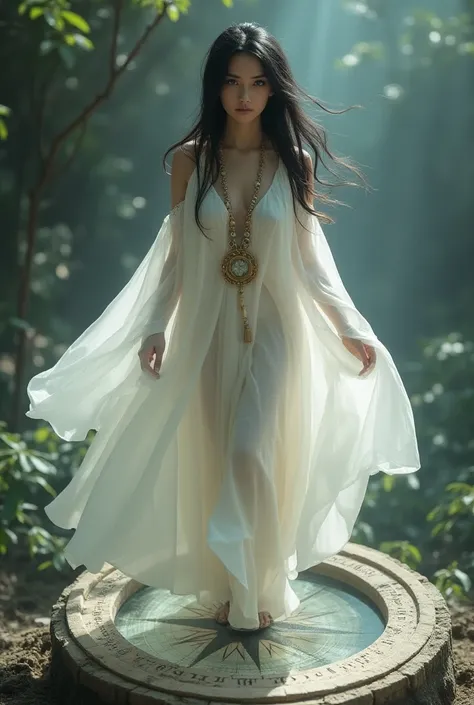  Woman in a white dress walking out from above a silver compass　Black Hair　 Brown Eyes 　Gold Pendulum Accessory 