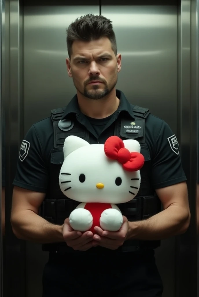   Create an image of actor Karl Urban in an elevator ,  dressed in the tactical vest of a SWAT team .  with a serious expression and his usual defiant air .  He holds a plush Hello Kitty doll in his hands , casually,  giving the impression that it was take...