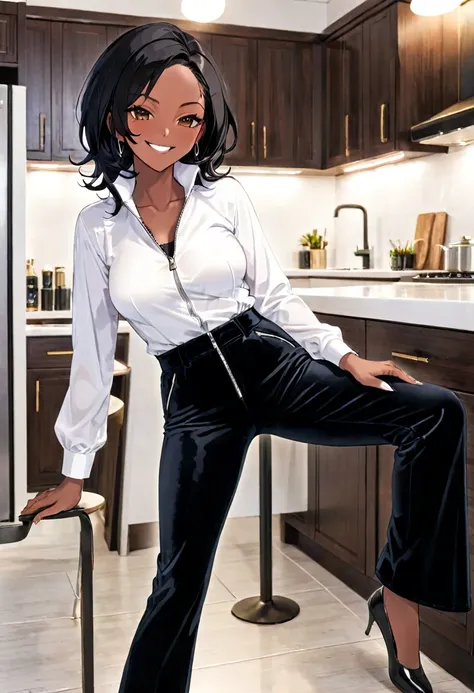 70-year-old Woman Dark skin Black straight hair Black velvet pants with a zipper on crotch White shirt Kitchen Bend on a table Smirk