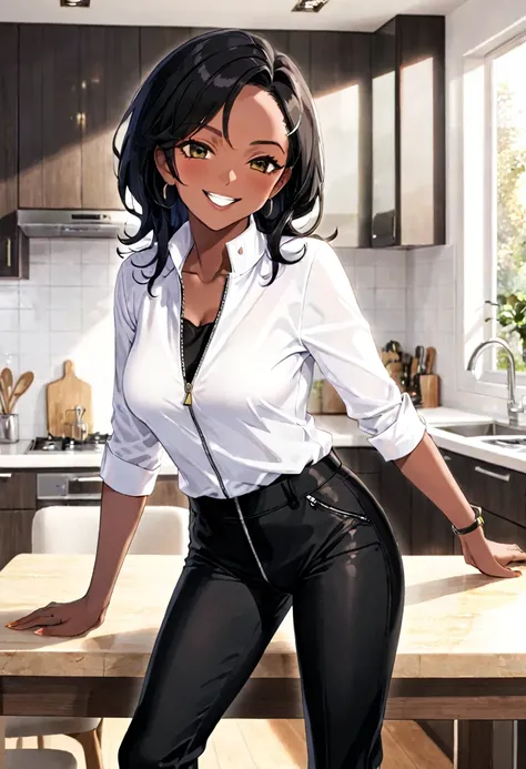 70-year-old Woman Dark skin Black straight hair Black velvet pants with a zipper on crotch White shirt Kitchen Bend on a table Smirk