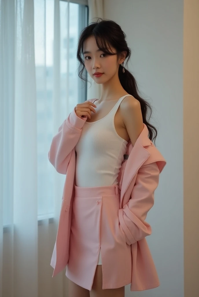 (Create a full-body image of a 20-year-old Korean idol,) long hair, dressed in a naked Sleeveless white tank top ,pink blazer and High side slit mini skirt with her low pony tail hair cascading down her back. She standing in front of white wall., The light...