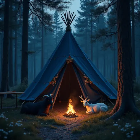 Dark blue medieval tent, pagan, dried flowers and dried herbs inside the tent, wooden table in front of tent , pine forest background, night time, long horn black goat sleeping beside white-brown goat is sleeping beside campfire