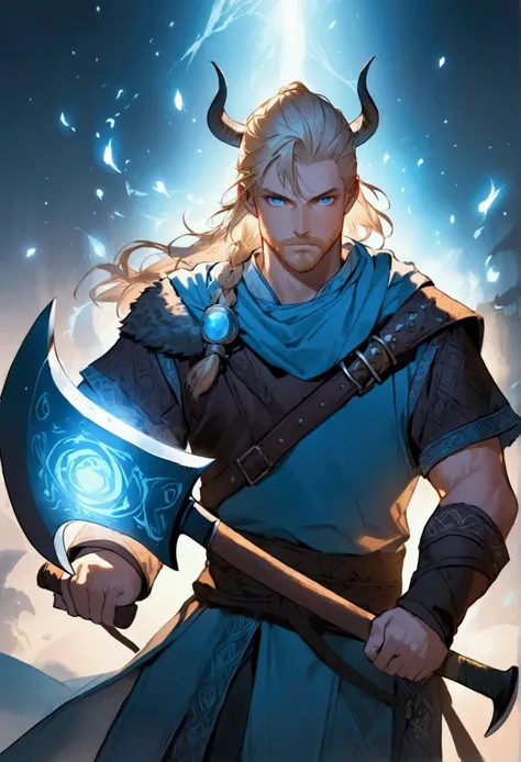 Create a fair-haired character with light blue eyes with a Viking axe and Viking clothes with two axes in his hand