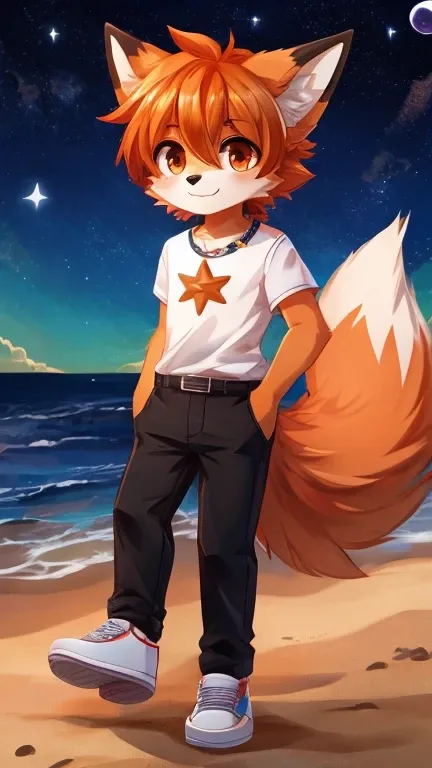 Cute little fur baby, orange fox, orange eyes, orange hair, black nose, cute tail, beach background, midnight sky, stars, high quality outfit, white shirt on chest, star logo, black pants on white, plain shoes 