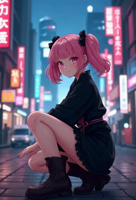 A petite girl with a Western look and beautiful features.　Pink blister々And shining eyes　Smiling quietly　Spread your legs and take a low position　One hand on the ground　Pink hair in twin tails　The costume is a black yukata with black frills　Dark brown boots...