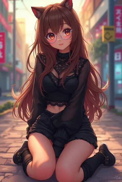 A girl brown skinned  with long brown hair,Brown eyes,She wears clear lilac frame glasses,She Wears a black lace blouse, black shorts, black cat socks, black shoes. , anime style, vibrant and vivid colors