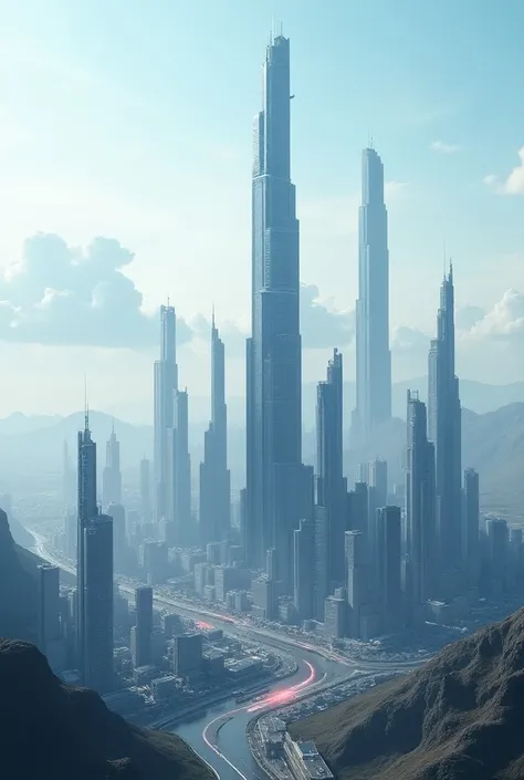 A skyscraper city in the future world, 4,000 years from now, powered by the ore of cobalt