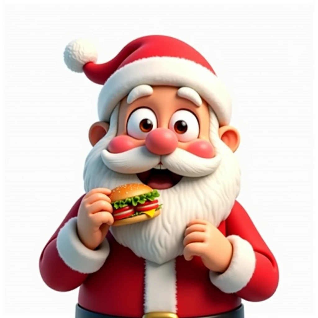 Un dessin réaliste 3d sympathique  Santa Claus, big eyes, Eat a sandwich . white background.