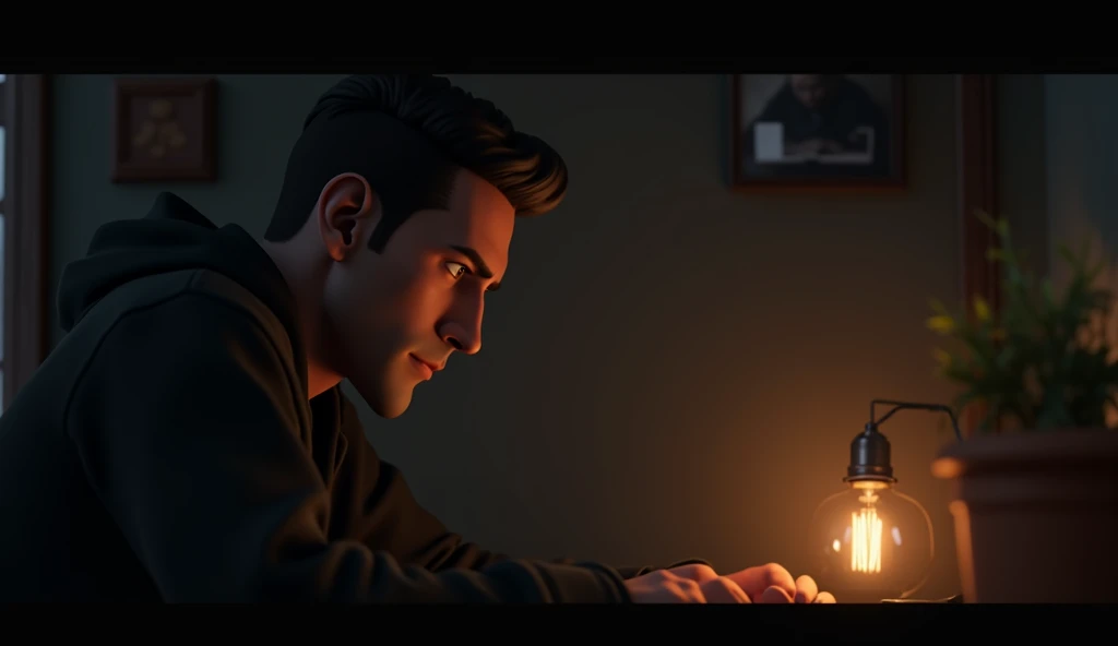 In 3d animation style" A man sitting alone at night in a small room, his face illuminated by the dim glow of a lamp, deep in thought about taking a crucial step in life."