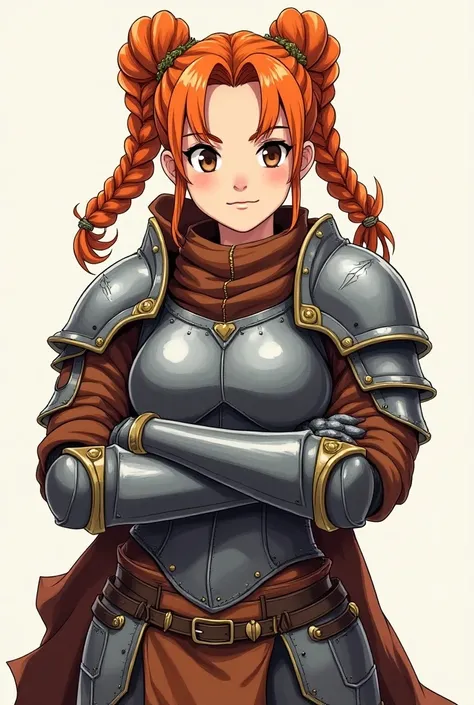 a dwarf woman with two braids, brunette hair, a round nose, big mouth, brown eyes, and orange hair, wearing confident expression with slight smile, in masterpiece RPG metal armor, woman armor, anime style, simple drawing, line drawing, anime, vibrant color...