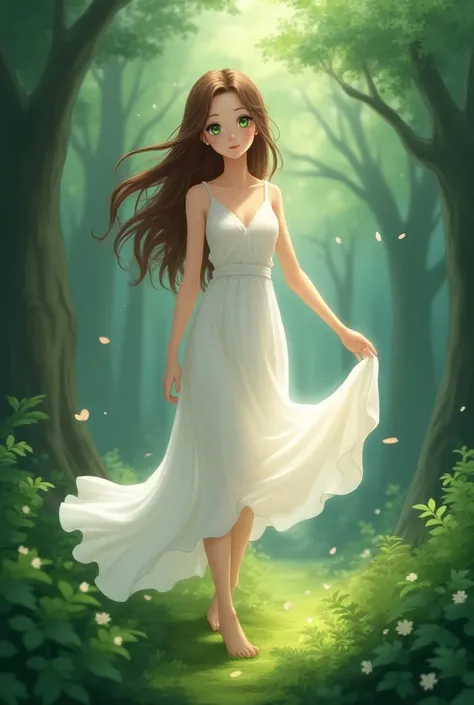 A woman with long brown wavy hair and green eyes is dressed in a white dress. she stands in a forest. Anime style 